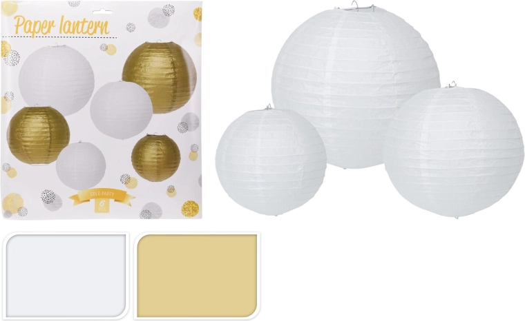 Paper party lanterns in white and gold, set of 6 (30/25/20 cm)