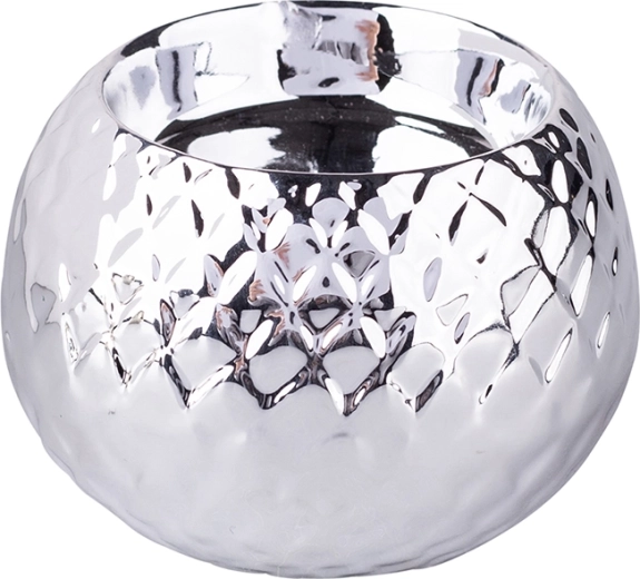 Porcelain candle holder with embossed decor and a silver accent