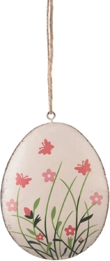 Hanging metal Easter egg, white with floral motif, 11 cm
