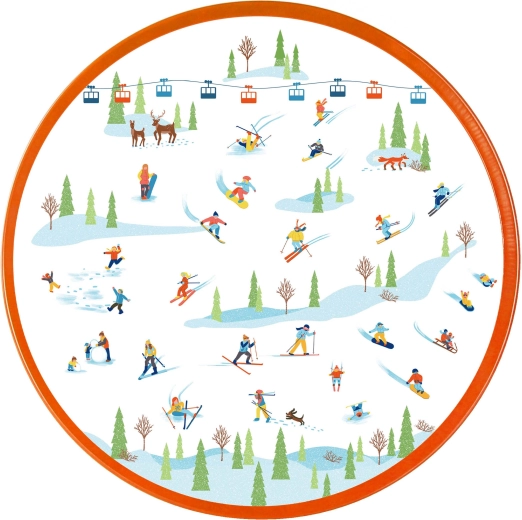 Kalėdinis apvalus skardinis padėklas „Slidininkai“ 26 × 2,5 cm – 1 vnt.