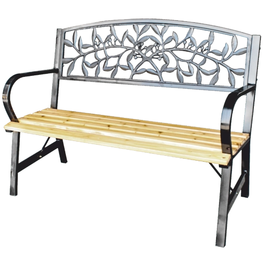 Garden bench 120 × 56 × 89 cm, wood and steel, leaf motif