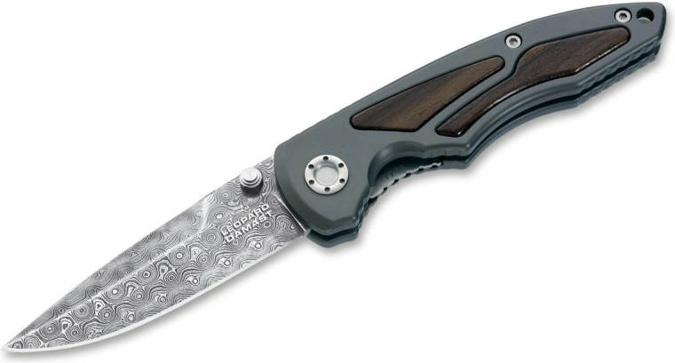 Kolekcinis kišeninis peilis iš Damasko plieno BÖKER MANUFAKTUR SOLINGEN Leopard-Damast I, aliuminis ir medis
