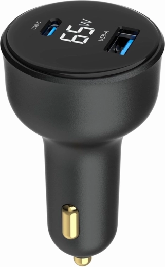 Fast Car Charger 2× USB-A + USB-C PD with LCD, 65 W, Black