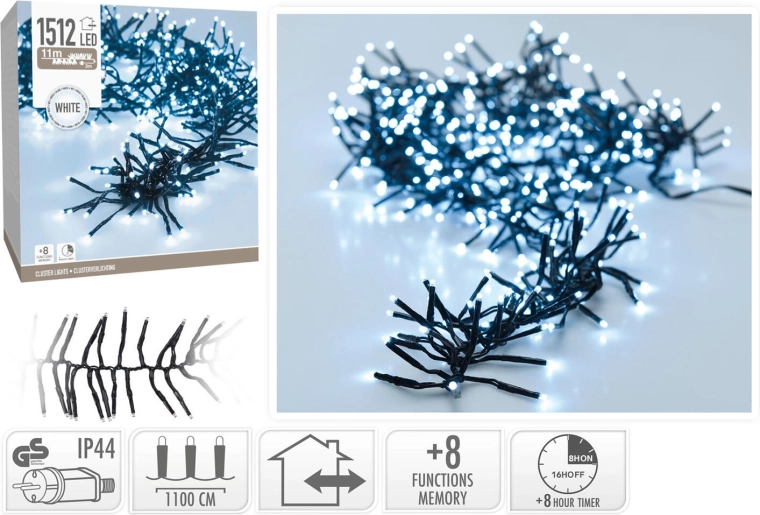 Kalėdinė šviesos girlianda 11 m, 1512 LED, šaltai balta, 8 funkcijos, IP44, su laikmačiu – 1 vnt.