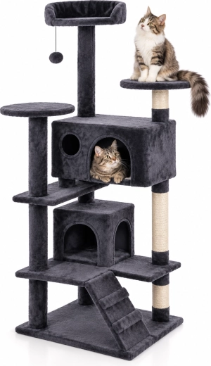 Grey cat scratching post with house 49 × 49 × 134.5 cm