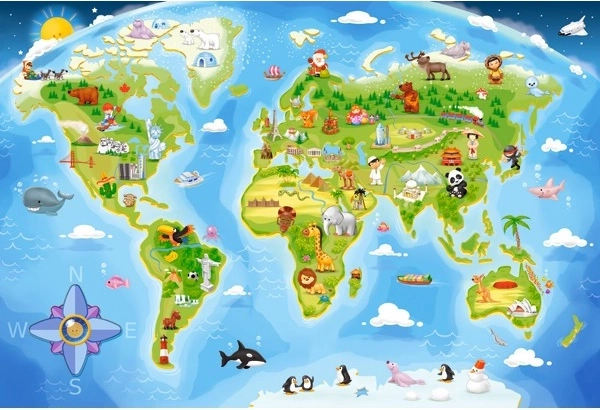Fun world map with animals and landmarks