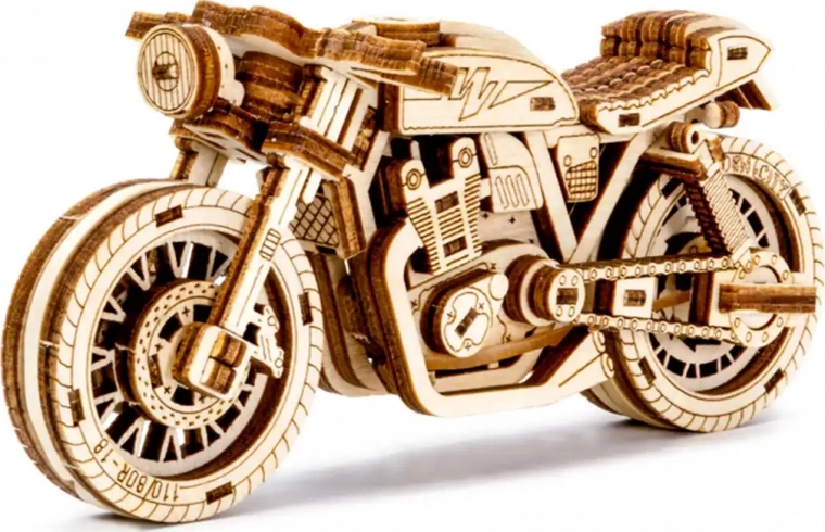 Set the wooden motorcycle in motion for up to 1 meter