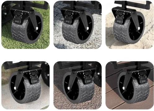 Platus 360° ratų pasukamumas su stabdžiu bet kokiam reljefui