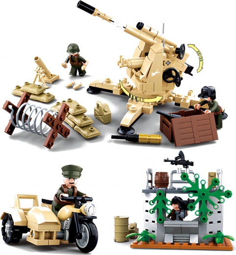 Priešlėktuvinė gynyba ir motociklas su šonine priekaba