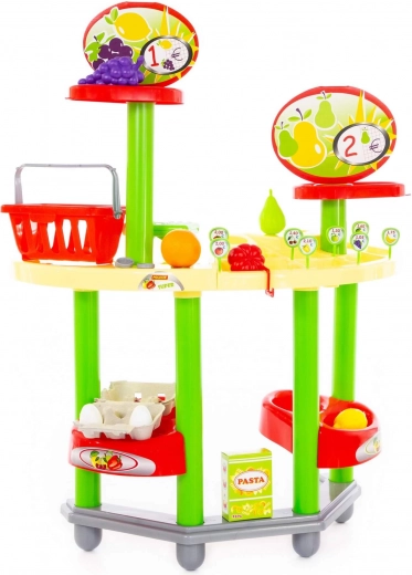 Spalvingi maisto produktai ir krepšelis tikroviškiems pirkiniams