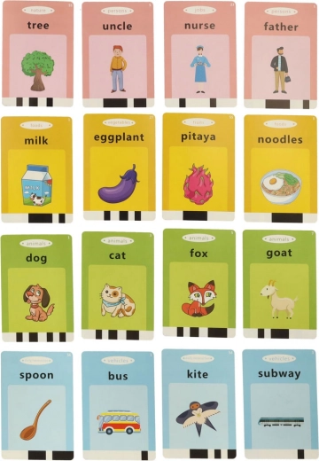 112 spalvotų kortelių, suskirstytų į kategorijas