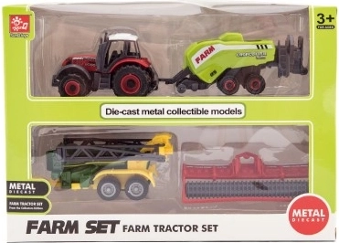 Ryškiaspalvis traktorius ir trys priedai