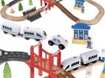 Wooden Train Track with Bridge and Carriages